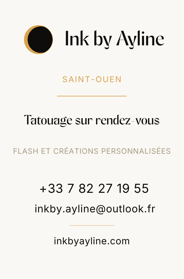 Verso de la carte Ink by Ayline avec le nouveau logo et les coordonnées de l’atelier