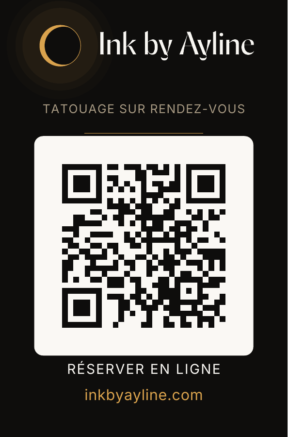 Recto de la carte Ink by Ayline avec croissant lumineux et QR de réservation
