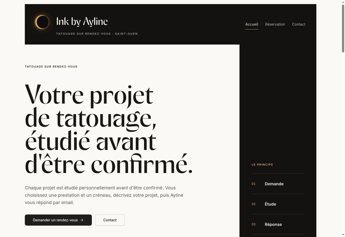 Accueil Ink by Ayline avec le croissant doré et sa signature éditoriale