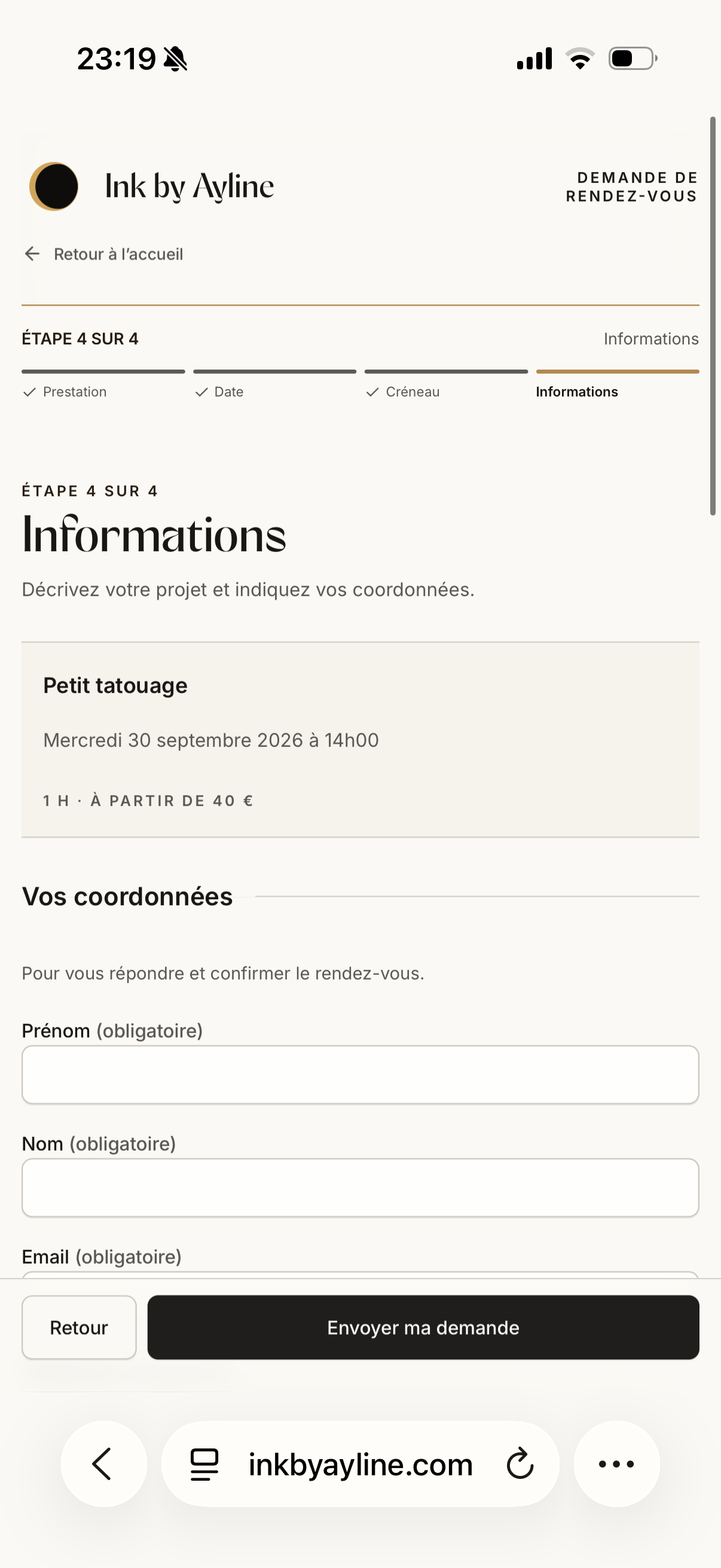 Récapitulatif du rendez-vous et formulaire de projet sur mobile