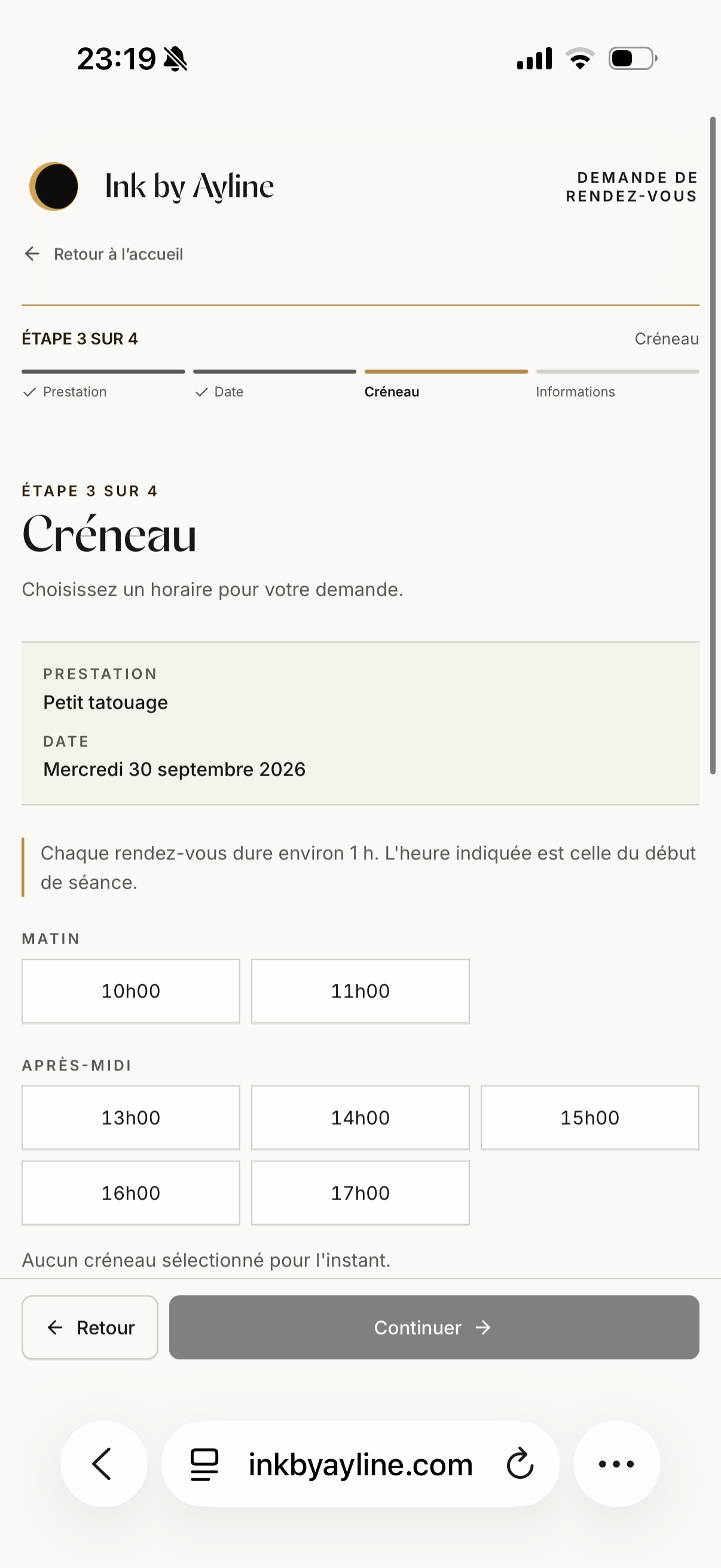 Choix d’un créneau disponible dans la réservation mobile Ink by Ayline