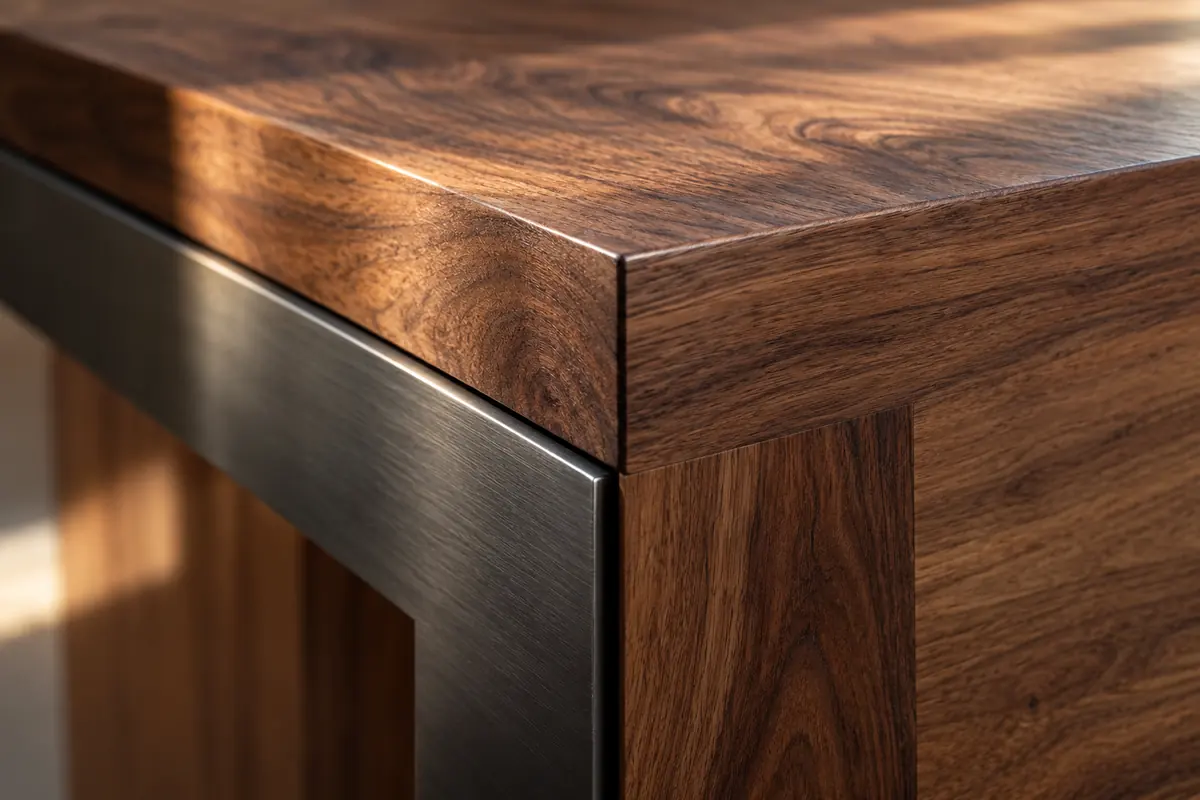 Concept close-up showing walnut grain and its junction with a dark metal component