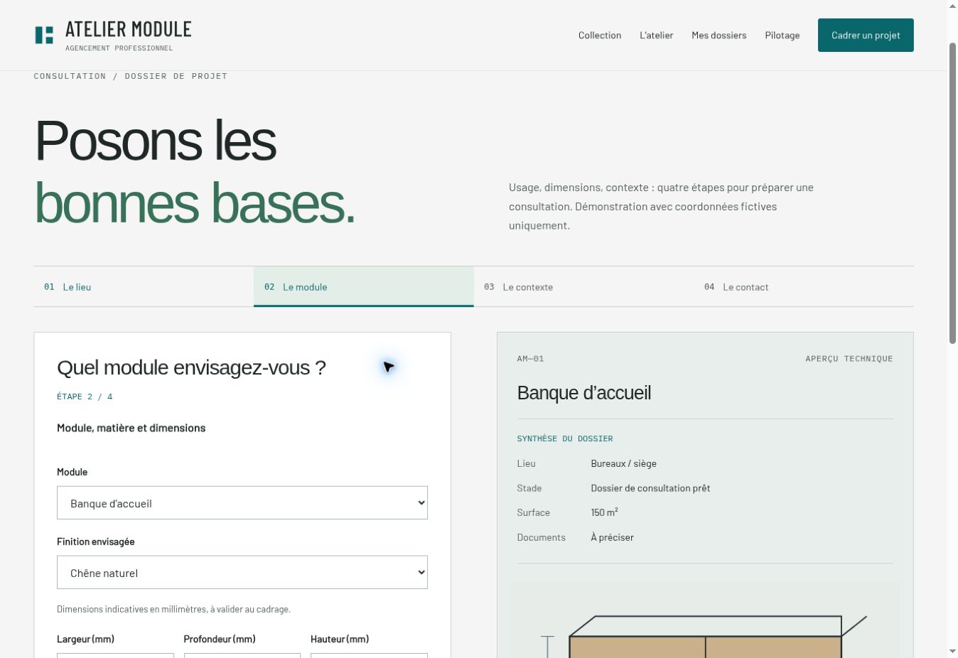 Actual second step of the Atelier Module configurator showing module, finish and technical preview