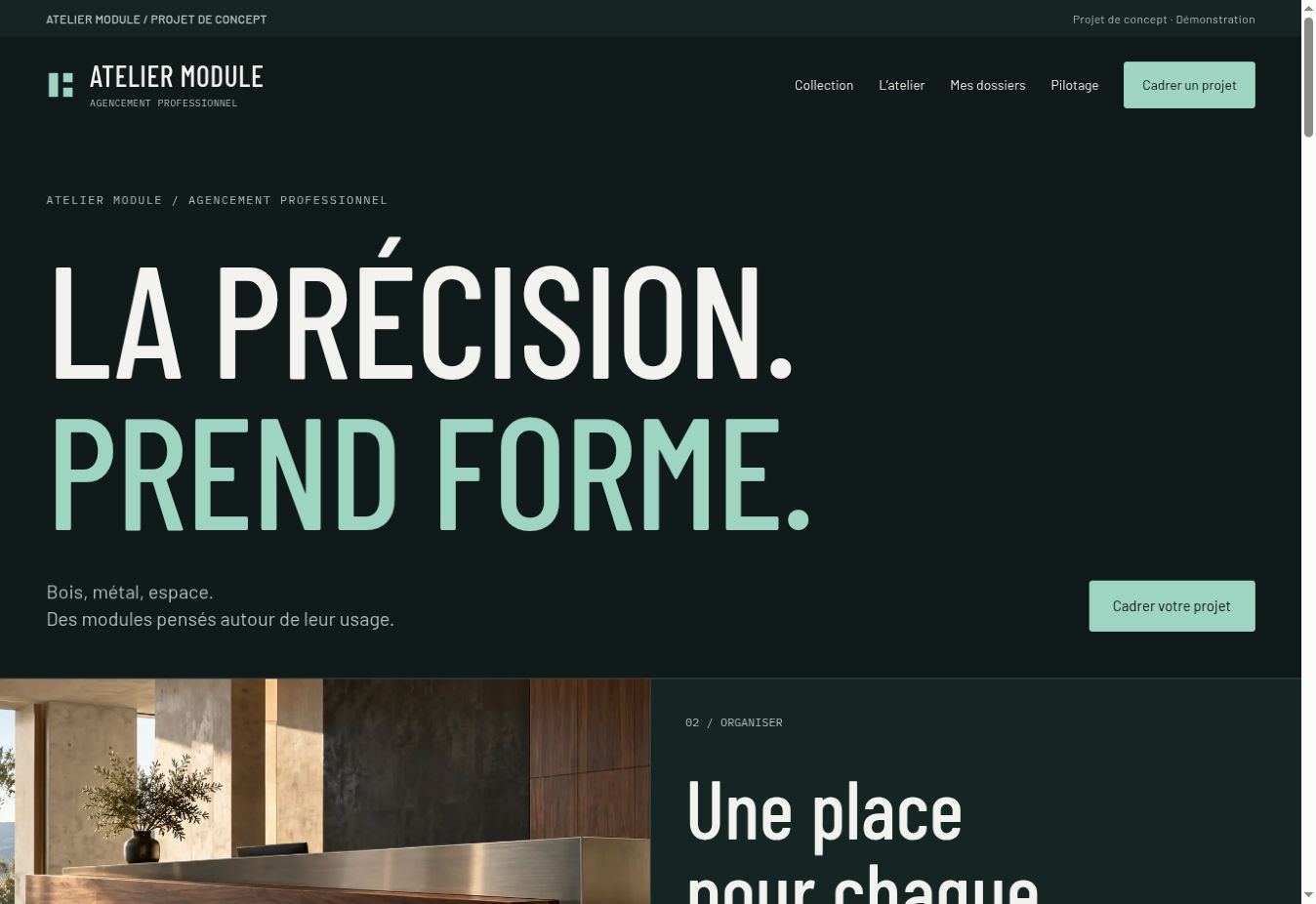 Actual Atelier Module homepage capture with technical typography and workshop-green colours