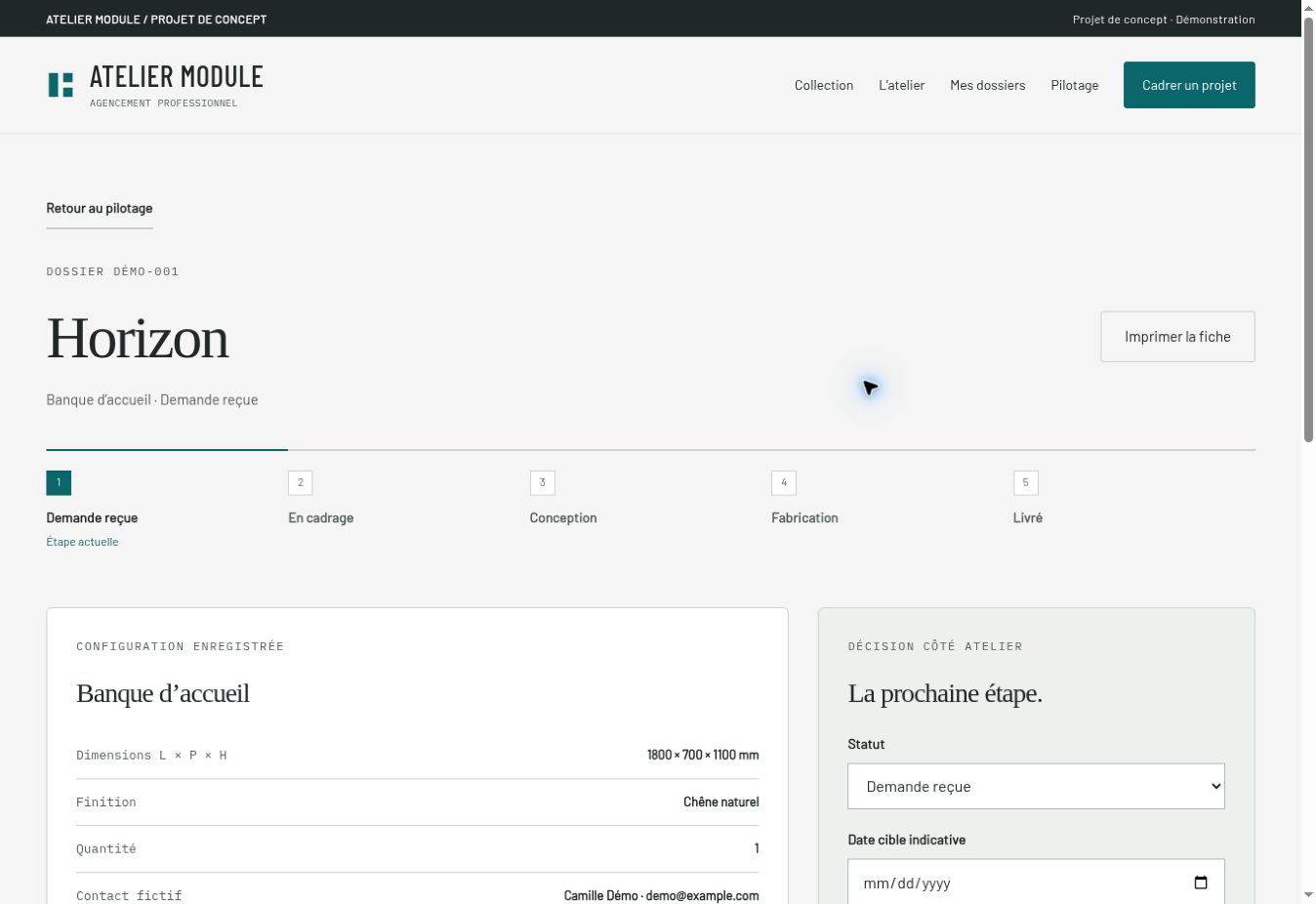 Actual Atelier Module tracking view with fictional project stages and configuration