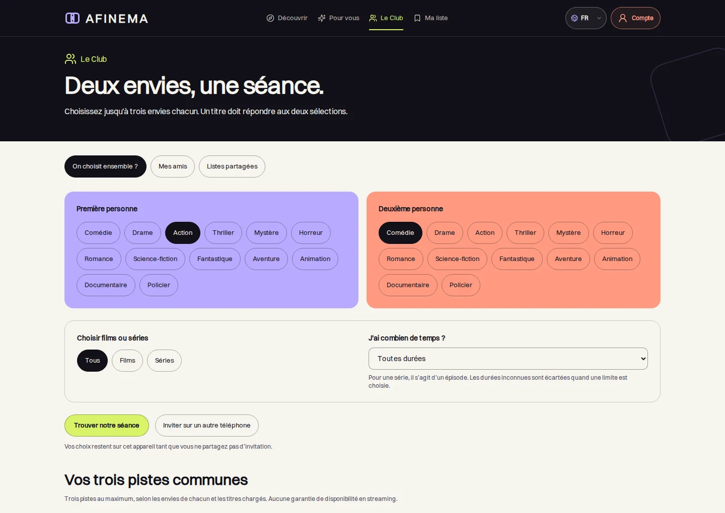 Capture réelle du Club AFINEMA avec deux choix de genres indépendants et leurs contraintes de séance